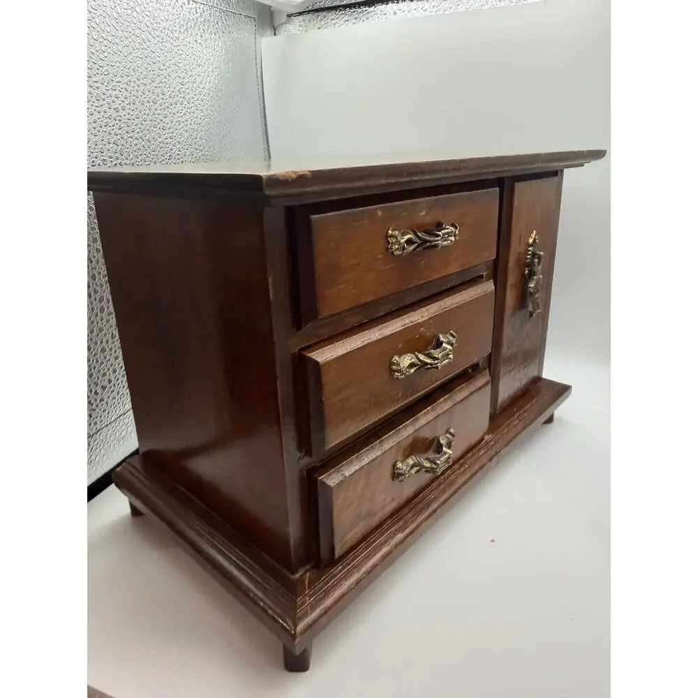 Vintage Wooden Jewelry Box Armoire Chest 3 Drawers Ring Roll Cabinet Organizer